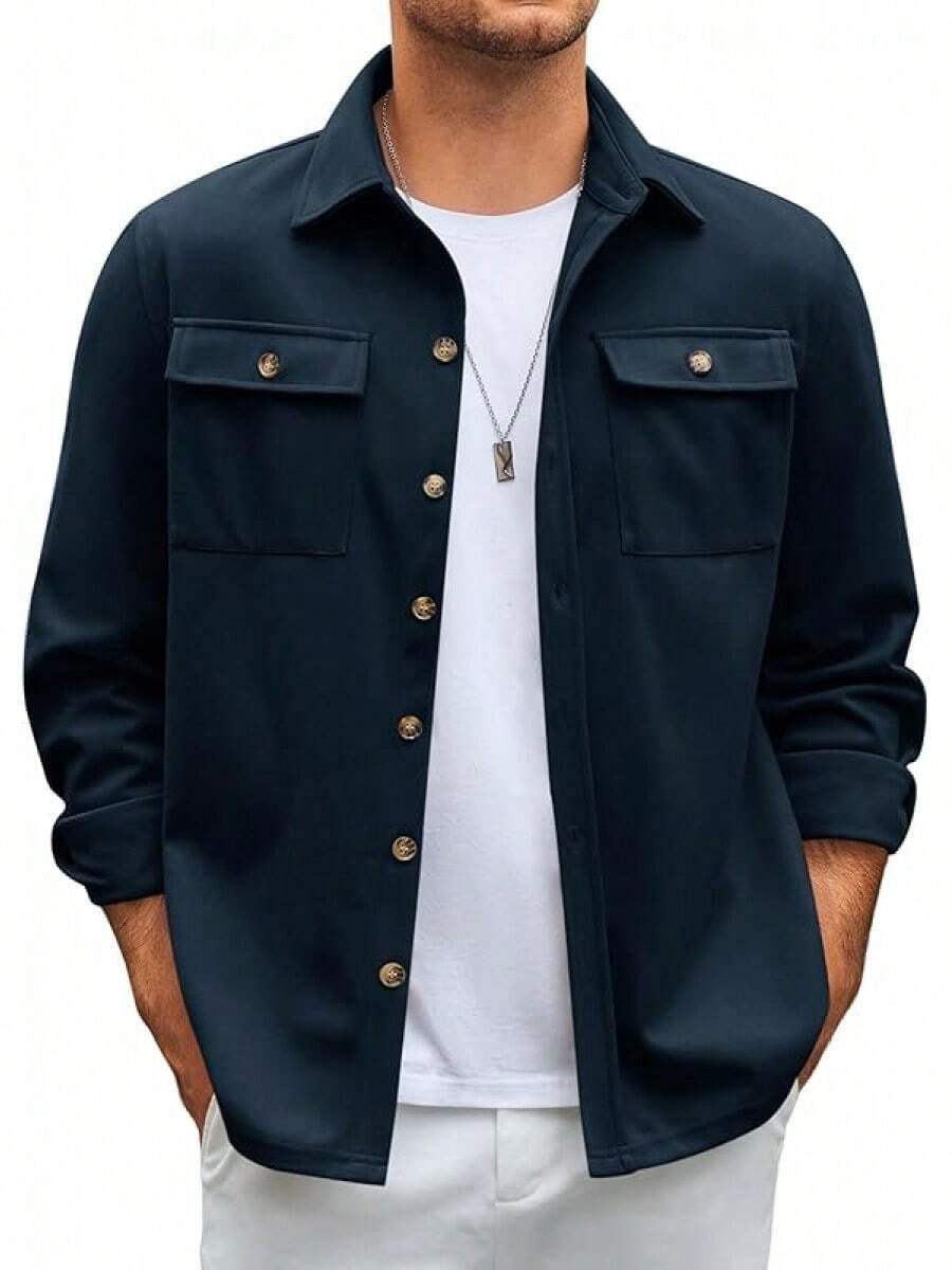 Mens Shirt Jacket Long Sleeve Button Down Casual Shacket Lightweight Thermal Shirts With Pocketshalloween - 海軍 - 查看 1