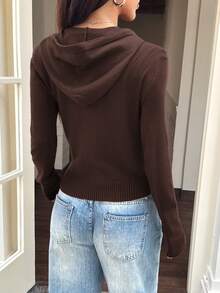 Sunny Girly Christmas Fall Winter Clothes For Women Back To School Y2K Casual Street Commuter Solid Color Zippered Side Pocket Design Hooded Brown Sweater Cardigan Coat