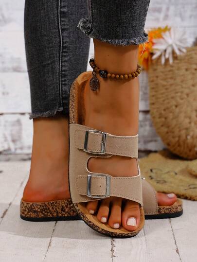 Soft Beige Color With A Gentle Feel, Fashionable Double Buckle Design For Easy Adjustment, Fluffy Sole Feels Like Walking On Clouds, Extremely Comfortable For Daily Wear, Lounging At Home Or . Also Available In Pink, Black, And Blue For Selection.