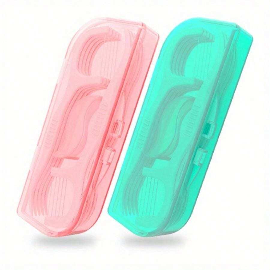 2pcs Practical Dental Floss Organizer Boxes - Simple & Creative Design In Two Colors, Essential Oral Care Storage For Travel And Business Needs - Pink + Green 2-pack (20 Pieces Of Dental Floss In Total) - View 1