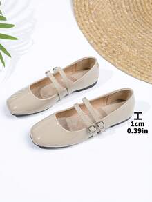 女式复古玛丽珍平底鞋，双带设计，适合所有季节 - 杏色 - 查看 7