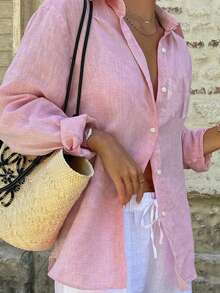 Look Polly Women's Solid Color Long Sleeve Shirt, Single Breasted Casual Fashion, Traceable Cotton Fall Women Clothes, Pocket Design, Back To School Clothes, Old Money Style Pink Top Women Christmas New Year Look Thanksgiving Shirt