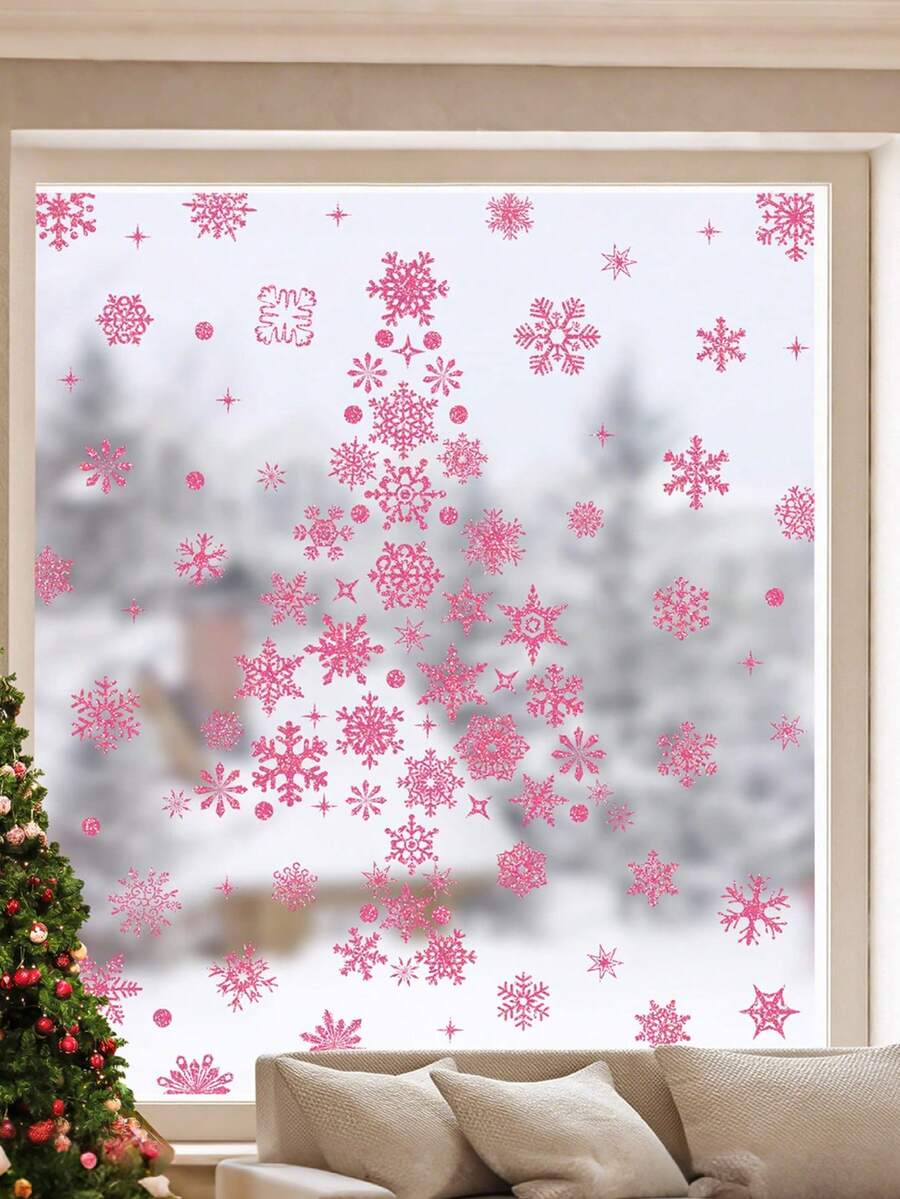 93 pièces/9 feuilles Autocollants de fenêtre amovibles à paillettes statiques de flocons de neige de Noël, fournitures de fête de Noël, décoration d'autocollants, décoration de Noël pour la maison, les bureaux, les supermarchés, la décoration de porte et de fenêtre en verre (rose)