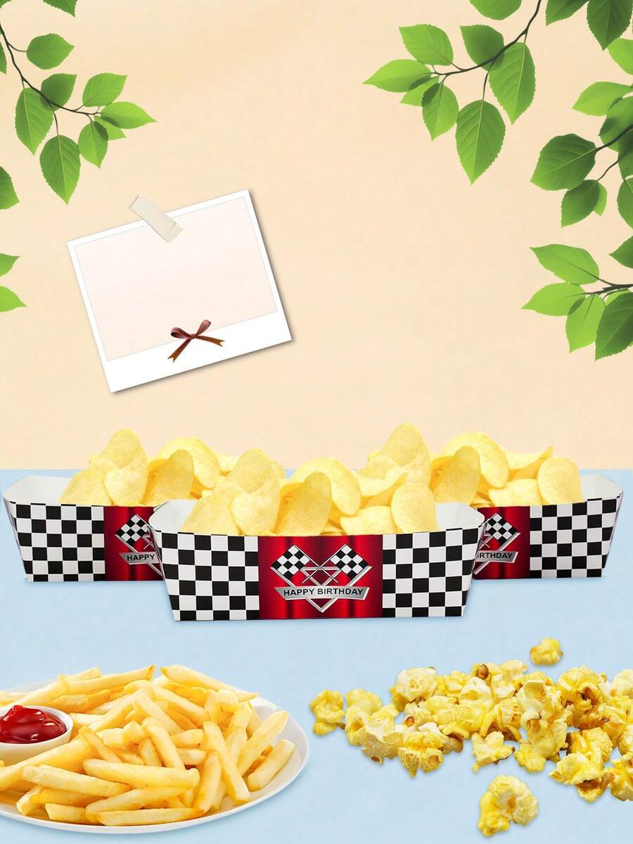 10 pièces/20 pièces/50 pièces Plateaux en papier pour fête de voitures de course, plateaux en papier à damier, bateaux à nachos, assiettes, vaisselle de fête de jour de jeu en vrac, fournitures de paniers à collation thème course pour décoration de fête d'anniversaire ou de baby shower