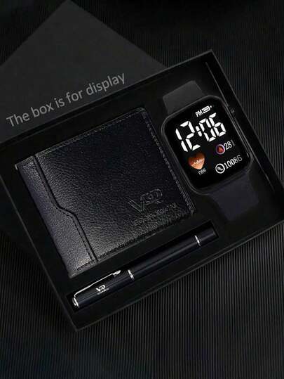 Un reloj electrónico de estudiante con correa de silicona casual y simple con diseño de dibujos animados para niños + 1 cartera de estilo elegante de color negro con compartimentos para tarjetas + 1 bolígrafo de estilo general negro, como un regalo maravilloso para la escuela del niño.