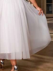 Women's Plus Size Elegant Solid Color Patchwork Lace Mesh Zipper Closure Tea Length Semi-Formal Party Dress For Wedding Guest, Bridesmaid, Maid Of Honor, Cocktail, Wedding, Graduation Party, Spring/Summer/Fall