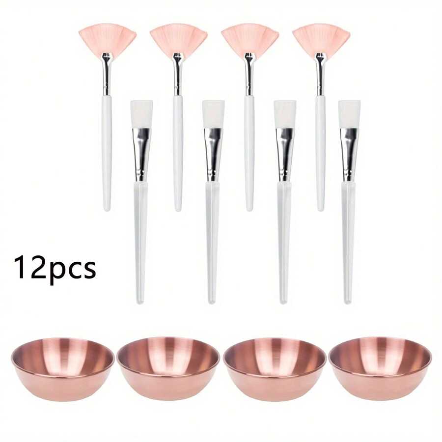 12 piezas de suministros de belleza, set de brochas para mascarilla - herramientas de brochas para mascarilla, 4 tazones de mascarilla en color oro rosa, 4 brochas en forma de abanico para mascarilla, 4 brochas, suministros de belleza, cuidado de la piel y facial DIY
