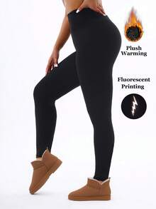 1 Pack Women's Thermal Lined Black Leggings With Reflective Lightning Print, Glow-In-The-Dark Design, Soft & Comfortable For Yoga, Workout, Outdoor Activities, Casual Wear, Stretchy & Slimming - Black - View 7