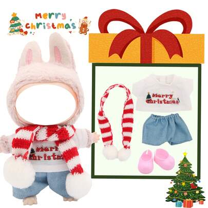 Christmas Scarf, T-Shirt, Jeans, Shoes Set, For Labubu, Halloween, Christmas Holiday Costume, Holiday Birthday Gift (Excluding Plush Doll)