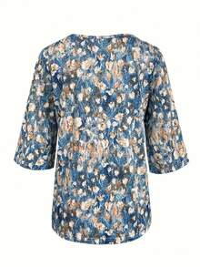 T-shirt z nadrukiem kwiatowym i dekoltem w serek, 3/4 rękawa, casualowy T-shirt wakacyjny, odzież damska