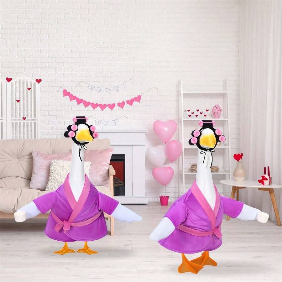 Bata de baño de plástico con forma de ganso, estilo anciana, con rulos y cinturón, ideal para jardín o patio. - Morado - Ver 1