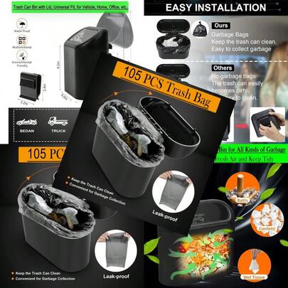 Car Trash Can With Lid Hanging Mini Vehicle Trash Bin With 105 Car Trash Bags And 2 Car Hooks Car Dustbin Garbage Organizer Automotive Garbage Can Bin Trash Container For Auto Cars Home Office