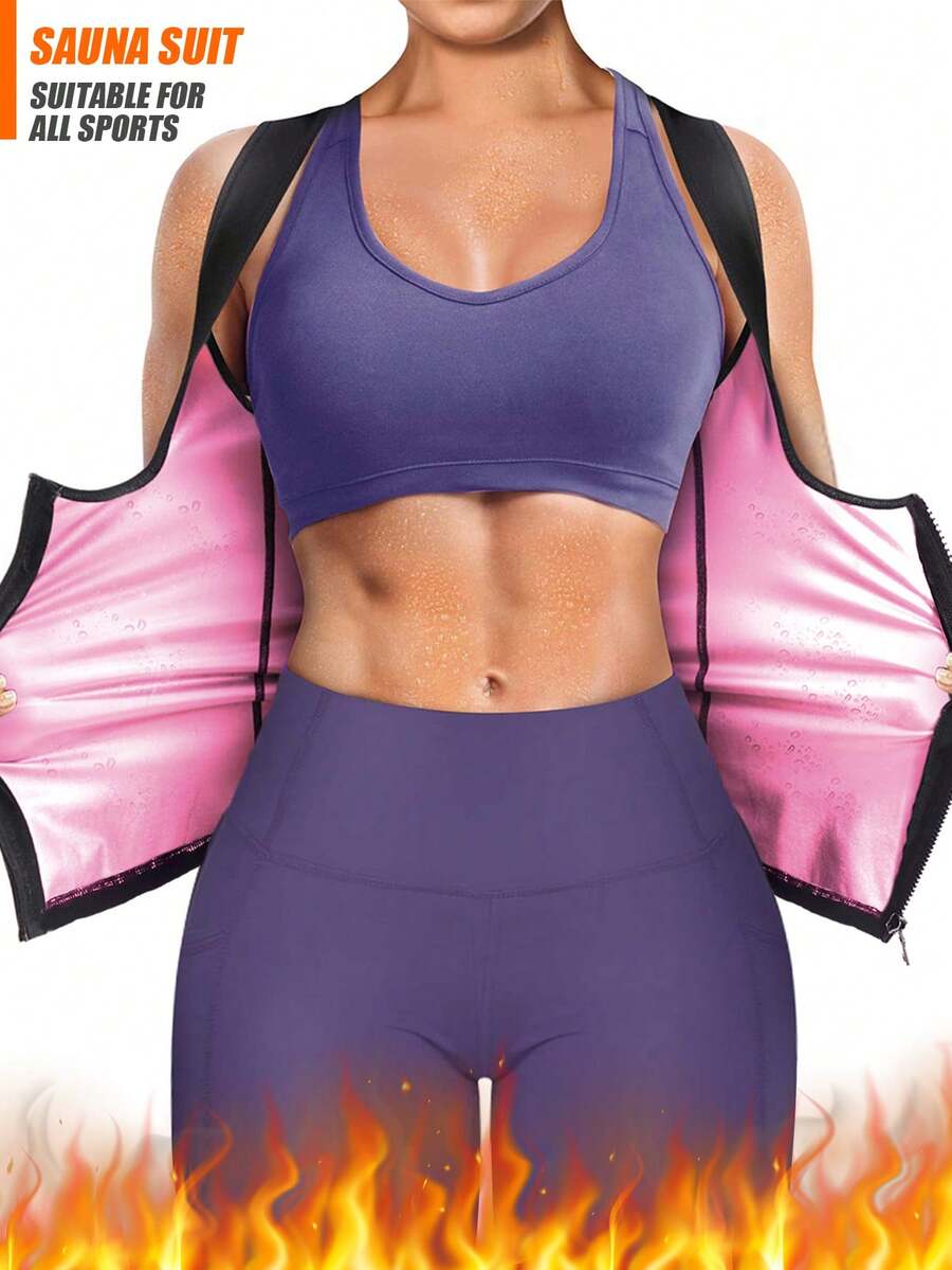 Costum de saună pentru femei - Costum de trening cu compresie ridicată, Costum de saună minimalist popular, Vestă pentru femei, Talie modelatoare, Croială strâmtă pentru fitness, Potrivit pentru sală, sport și yoga, Vestă cu fermoar pentru femei, Design cu fermoar, Îmbrăcăminte fitness nerespirabilă