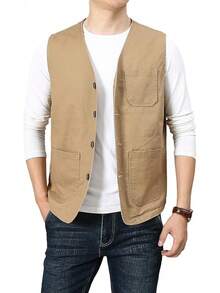 Men's Casual Outdoor Cotton Vest Lightweight Breathable Multi-Pocket Fishing Travel Vests OutwearChristmas IQWV - 02-卡其色 - 查看 5