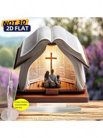 1 Piece Classic Bohemian Style Warm Family 2D Painted Acrylic Open Book And Stand Creative Religious Series Multi-Scenario Use Home Decoration, Suitable For Home And Office, Dormitory Desktop Decoration, Spiritual Cross Design Suitable For Valentine's Day Surprise Gift To Your Lover, A Warm Gift For Parents, Classmates And Friends