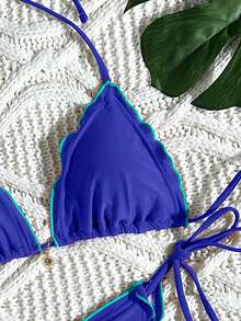 新款沙滩泳池派对时尚性感蓝色纯色蕾丝系带比基尼开衩泳衣，女士夏季度假必备 - 藍色 - 查看 6