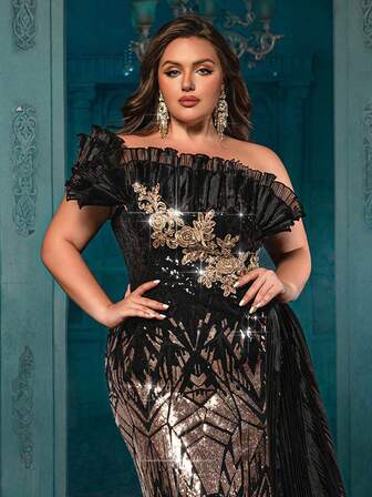 QOQ Plus Size Noble Party Sequin Formal Dress Luxury Women Evening Gown For Red Carpet, Dinner Party, Galas, Cocktail Party, Charity Prom
