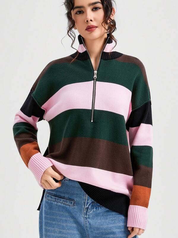 Maglione oversize a blocchi di colore e righe con zip per donna, pullover lavorato a maglia a maniche lunghe, morbido e elastico, casual per autunno e inverno