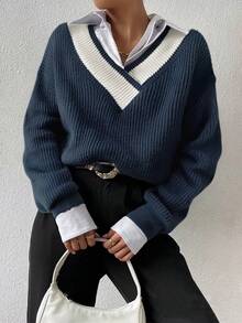 2025 Nouveau pull ample décontracté rétro à col V manches longues pour femmes, blocs de couleurs, adapté pour l'automne/hiver, Halloween, Noël, Fête nationale saoudienne, Nouvel An, Remise des diplômes, Soirée élégante - Bleu marine - Voir 1