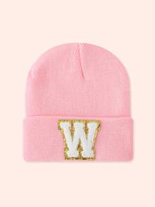 1pc Pink Children's Hat With 26 Letters, Knitted Beanie For Baby Boys And Girls, Warm For Outdoor And Daily Wear - Gold Label-pink Fluorescent Cap - View 48