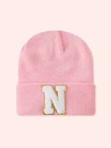 1pc Pink Children's Hat With 26 Letters, Knitted Beanie For Baby Boys And Girls, Warm For Outdoor And Daily Wear - Gold Label-pink Fluorescent Cap - View 61