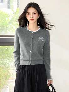 Grey Round Neck Loose Lace Patchwork Sequin Cardigan For Women, Autumn/Winter - Grey - View 3