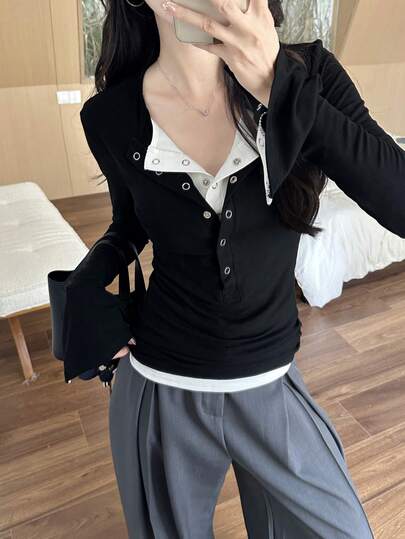 2026年新作 春 レディース コントラストカラー 2in1 長袖Tシャツ、スリムフィット、ユニークデザイン