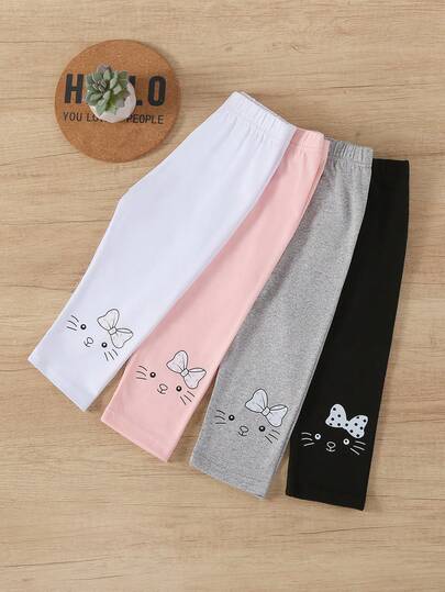 4 st. sommarcapribyxor för flickor - mjuka, stretchiga, andningsbara leggings med resår i midjan och kattungerosétryck, vit/rosa/grå/svart, lämplig för lek eller utomhusaktiviteter