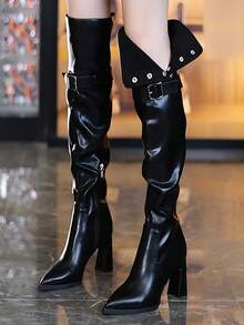 2-Way Design Thermal Lined Pointed Toe Chunky Heel Over-The-Knee Riding Boots For Women, Autumn/Winter - Black - View 6