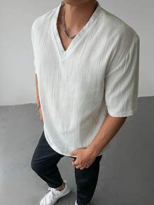 100% Cotton Men's Casual V-Neck Short Sleeve T-Shirt , Fall - White - View 5