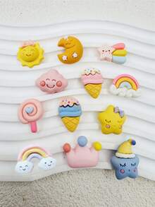 12pcs Cartoon Resin Cute DIY Decor, Moon Star Rabbit Rainbow Lollipop Pattern, Detachable, Suitable For Slippers, Sandals, Whimsical Design, Creative Party Gift - Multicolor - View 3