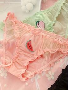 4 PCS, Mesh Ruffled Bikini Briefs, Breathable And Embroidered Ruffled Stretch Underwear, Low-Waist Sexy Underwear, Women's Lingerie & Underwear - 彩色 - 查看 8