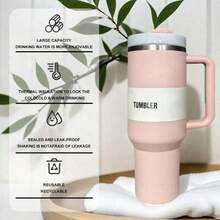 1913 40 Oz Stainless Steel Tumbler Double Wall Vacuum Insulated Portable Drinking Cup Travel Iced Coffee Mug Summer Drinkware With Handle And Straw, Perfect For Travel, Home, Office, Gift, Ice Drinks And Hot Drinks - 粉色 - 查看 4
