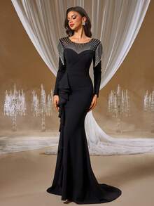 GIFORU 奢华黑色水晶刺绣礼服 - 透视领口美人鱼连衣裙，饰有流苏肩部和层叠荷叶边，适合 Met Gala 晚宴后的派对、维也纳歌剧院之夜和红毯婚礼舞会礼服 - 黑色 - 查看 7