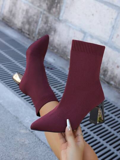 Botas de tobillo con tacón grueso elástico, elegantes y cómodas, de estilo fashionable para mujer, adecuadas para primavera, otoño e invierno