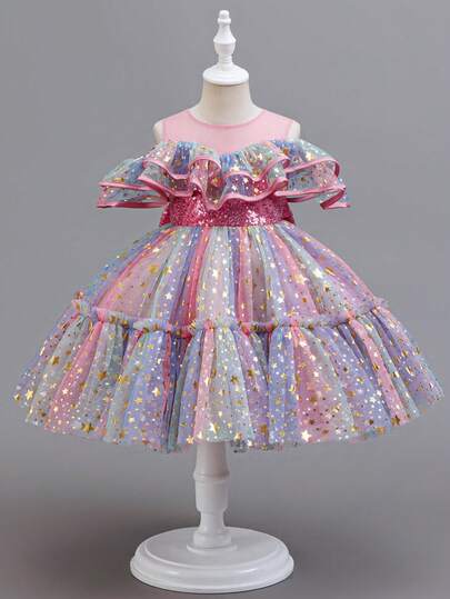 Rochie de vară pentru fete, prințesă, fără mâneci, cu stea strălucitoare și fustă bufantă drăguță cu imprimeu floral 3D, potrivită pentru vacanță, sărbători, petrecere, ceremonie de absolvire