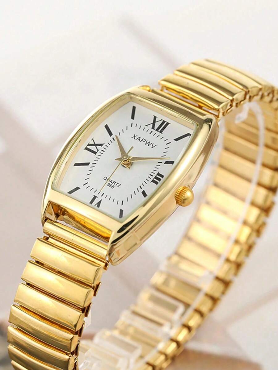 XAPWV  Vintage Women's Elastic Band Fashion Barrel Shaped Minimalist & Elegant Quartz Watch  Watch Jewelry Gold Watch Watches For Women Silver Watch - Vàng - Xem 1