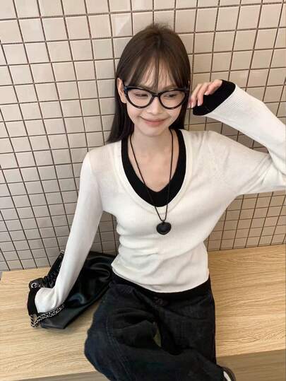 女式 V 领拼色针织毛衣，优雅修身分层上衣，秋冬