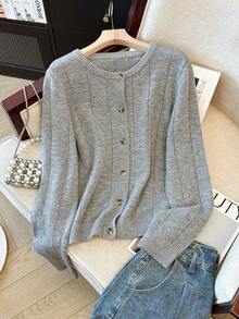 Cárdigan casual de manga larga con cuello redondo y botones para mujer, adecuado para uso diario