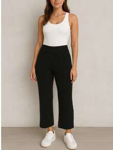 Choa Pantalón Punto Suéter Recto Largo Mujer Para Dama Elástico Cintura Media Color Sólido Casual Daily - Negro - Ver 1