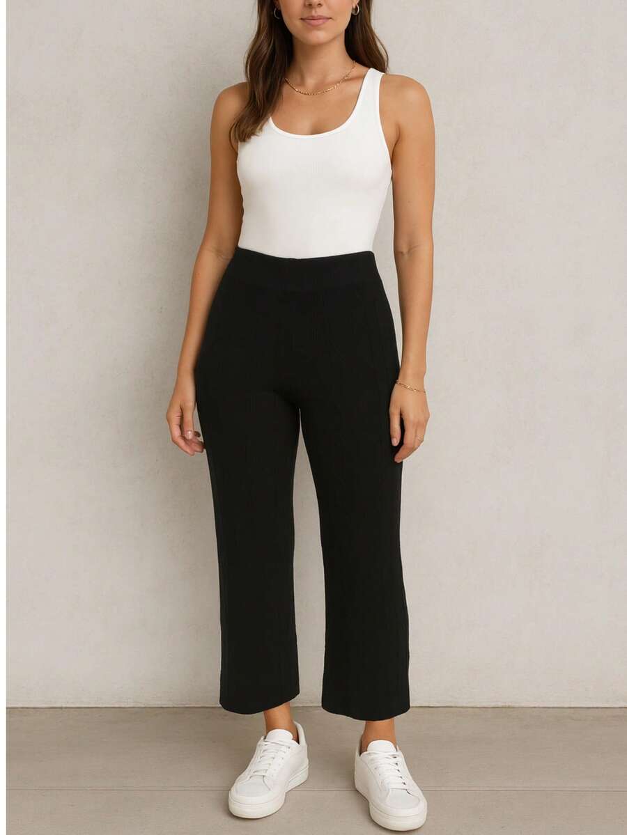 Choa Pantalón Punto Suéter Recto Largo Mujer Para Dama Elástico Cintura Media Color Sólido Casual Daily - Negro - Ver 1