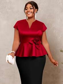 Women's Plus Size Red Tops Vintage Shiny V Neck Peplum Blouse Cap Sleeve Petal Party Christmas New Year Clothes