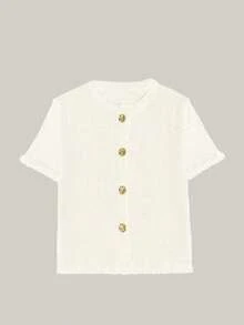 Maglietta lavorata a maglia estiva da donna con design a bottone sulle orecchie, beige, maglione lavorato a maglia casual ed elegante a maniche corte, adatto per appuntamenti e uso quotidiano, bianco - Bianco - Visualizzare 6