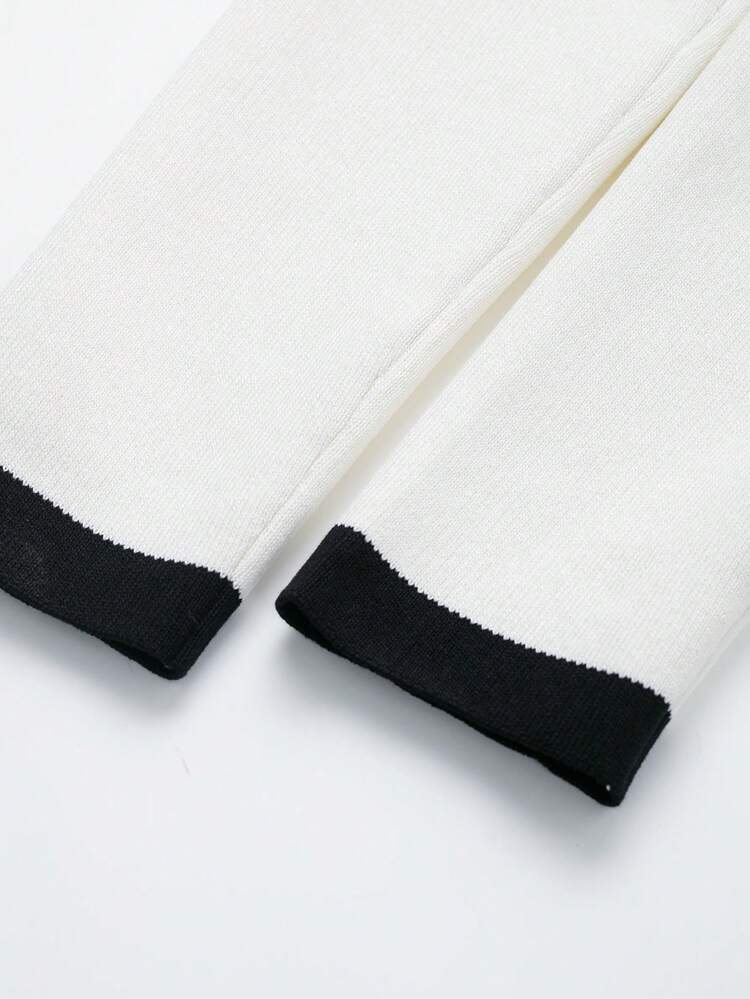 V-Neck Solid Color Casual Knit Sweater With Metal Buttons, Suitable For Spring/Autumn/Winter - White Black - View 5