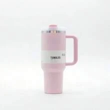 1913 40 Oz Stainless Steel Tumbler Double Wall Vacuum Insulated Portable Drinking Cup Travel Iced Coffee Mug Summer Drinkware With Handle And Straw, Perfect For Travel, Home, Office, Gift, Ice Drinks And Hot Drinks - 粉色 - 查看 2