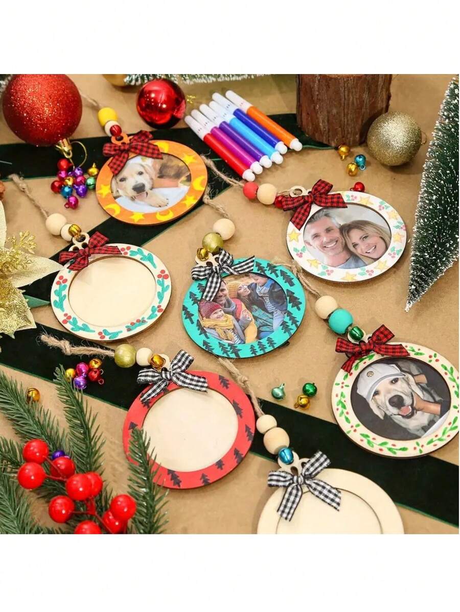12 قطعة إطارات صور خشبية لتزيين عيد الميلاد، زخارف خشبية معلقة DIY، إكسسوارات شجرة عيد الميلاد إطارات صور معلقة