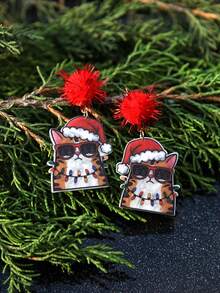 Acrylic Resin Santa Cat Earrings With Red Pom Poms – Cute Christmas Earrings, Funny Santa Cat Jewelry, Handmade Holiday Earrings, Xmas Accessories, Lightweight Christmas Jewelry, Resin Art Earrings For Christmas