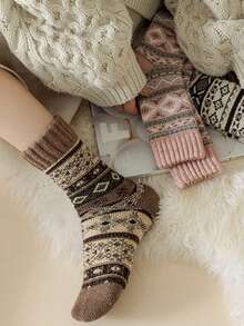 1/3/5 pares de calcetines de lana gruesa vintage de media pantorrilla, aptos para uso diario o regalo, otoño/invierno - Multicolor - Ver 7