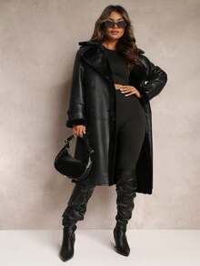 Long Oversized Coat With Faux Leather And Fur - Black - View 1