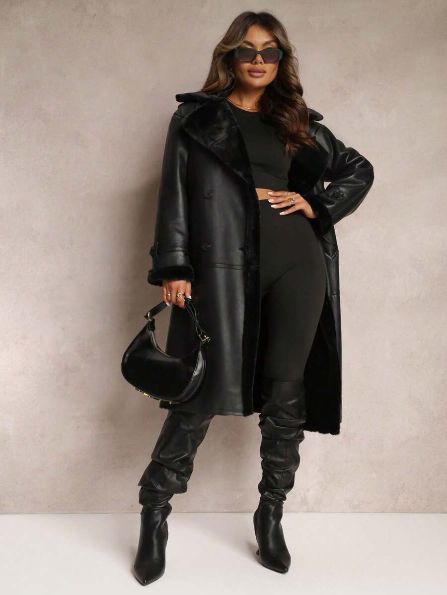 Long Oversized Coat With Faux Leather And Fur - Black - View 1